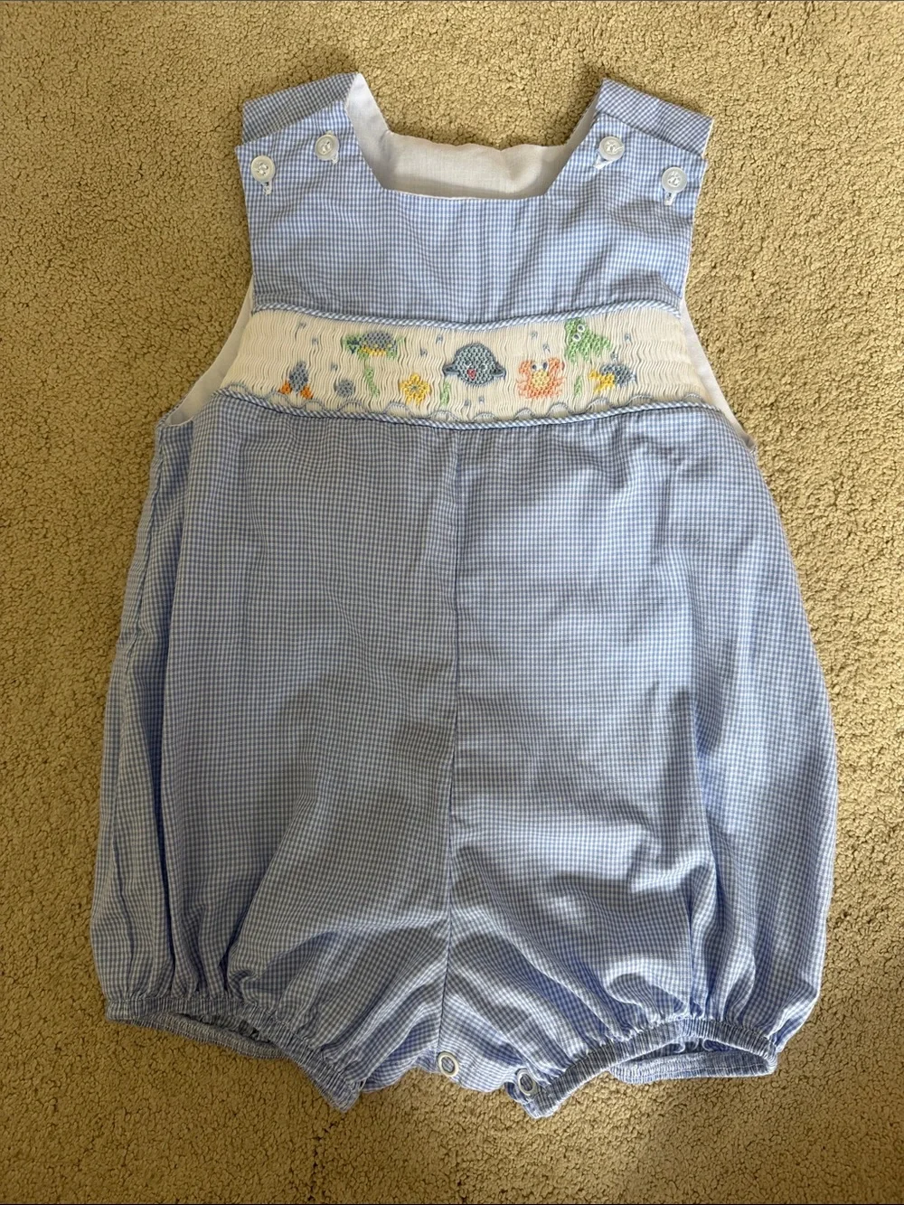 Blue Gingham Smocked Baby One-Piece Romper
